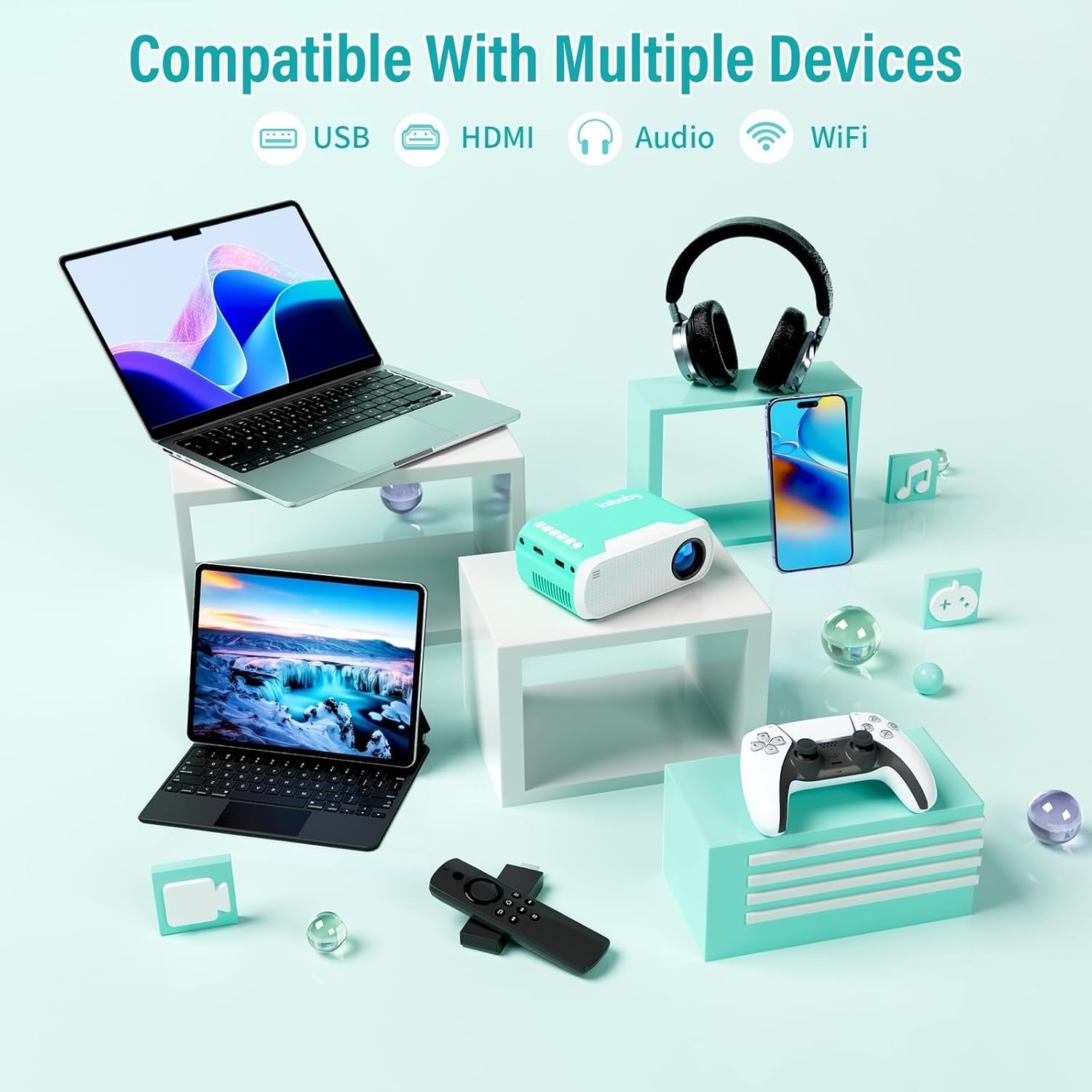 1080P Mini Projector WiFi Bluetooth 5.4 Portable Phone Movie