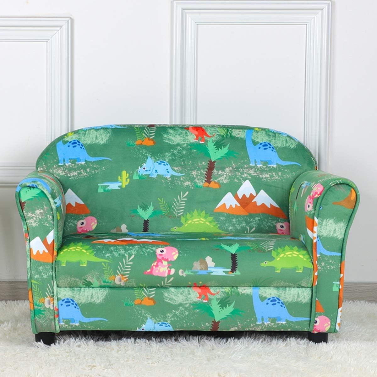 Kids 2 Seater Sofa Chair Dinosaur Pattern Upholstered Velvet Couch Green