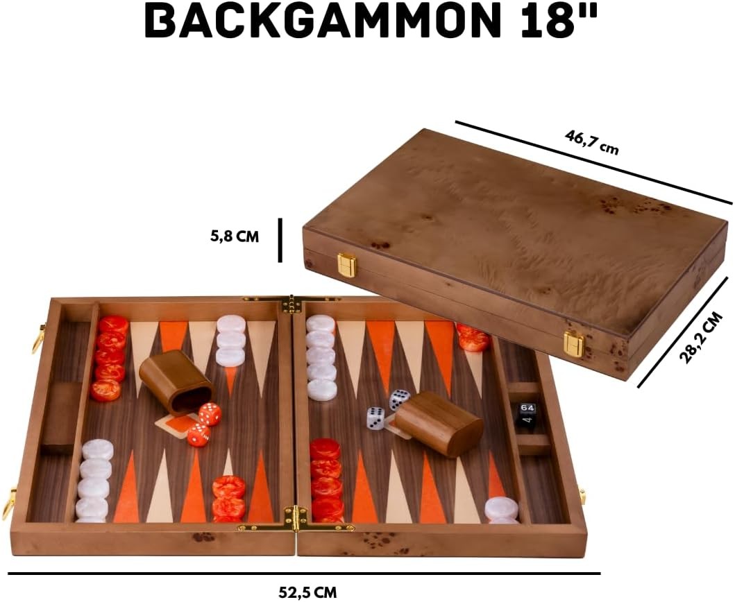 Luxury Wooden Backgammon Set 18 Inch Burl Wood Board with Dice Cups