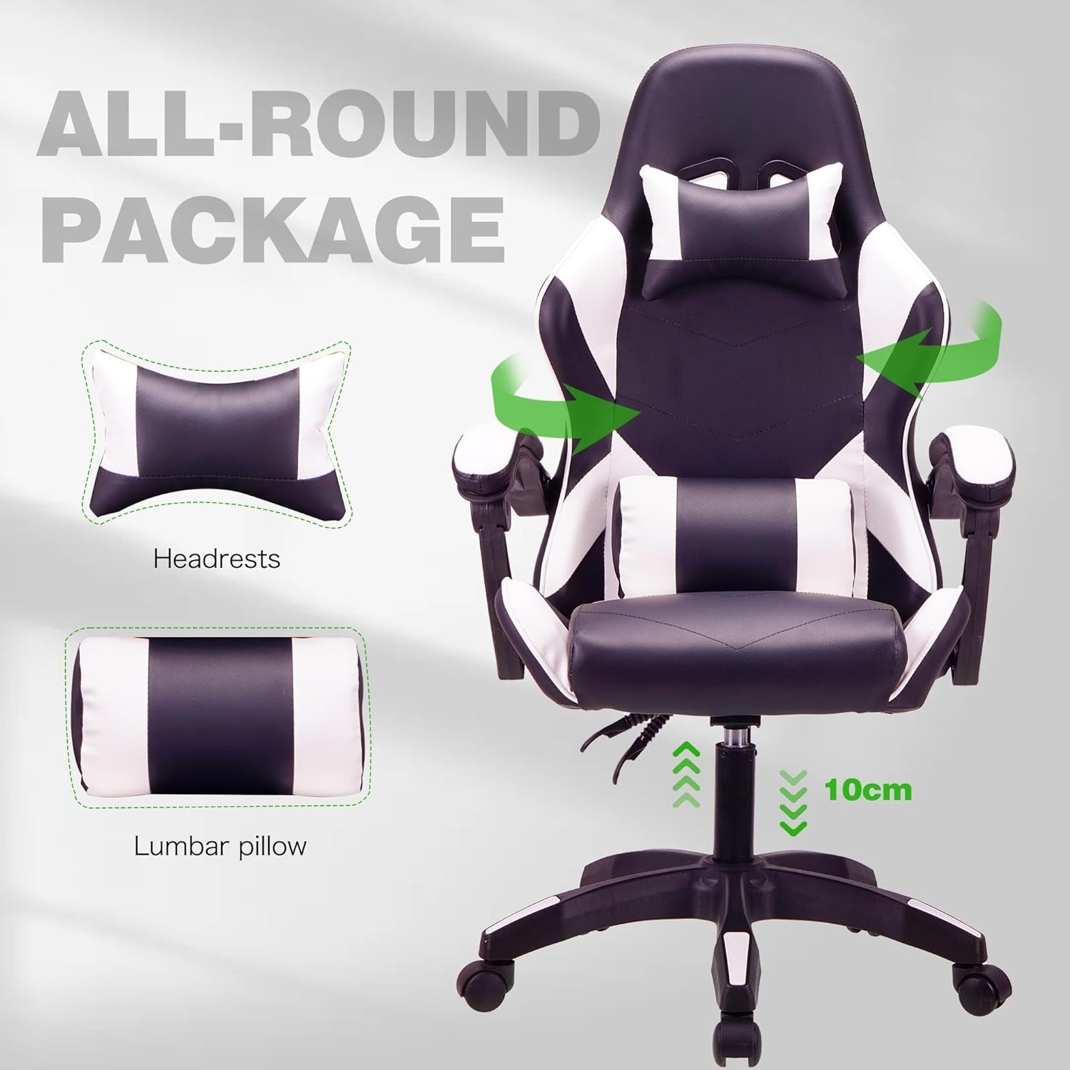 Ergonomic Gaming Chair High Back Swivel Office Desk 150kg White