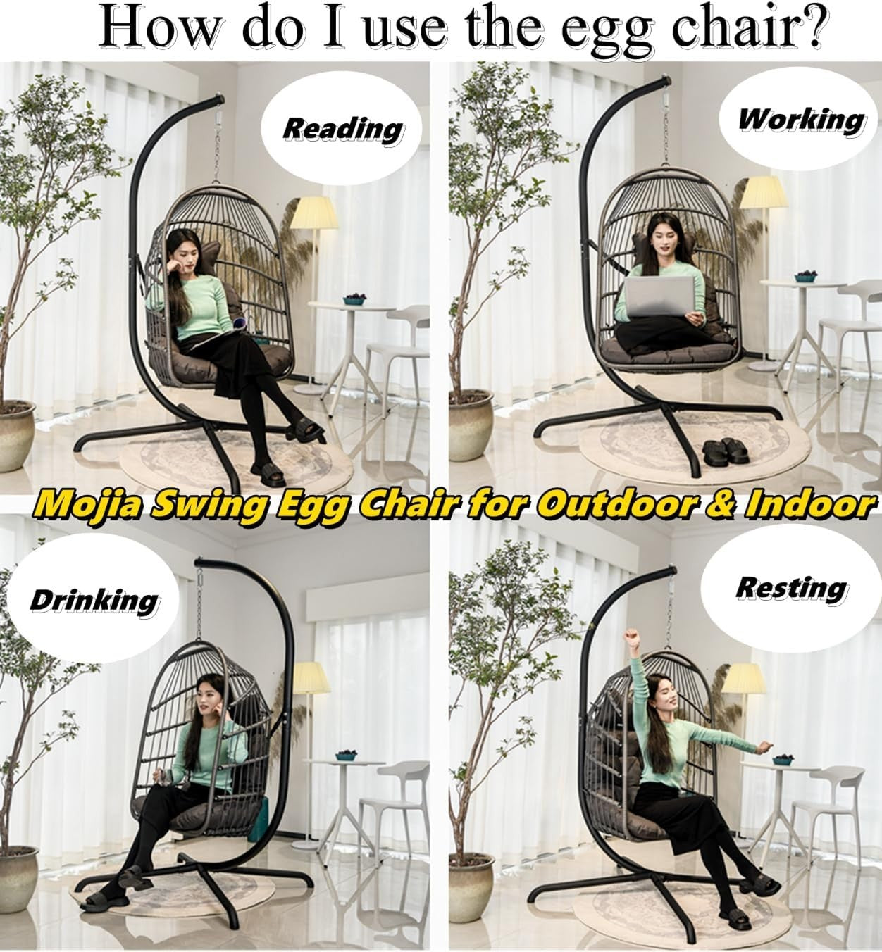 Hanging Swing Egg Chair with Stand & Soft Cushion for Indoor Outdoor Dark Grey
