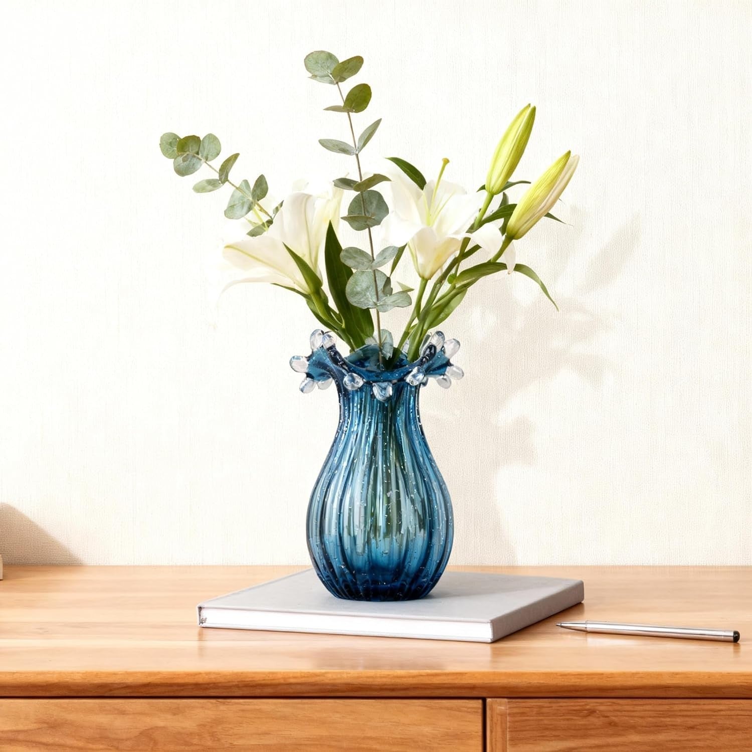 Blue Blown Glass Vase Modern Table Centerpiece Art Flower Display