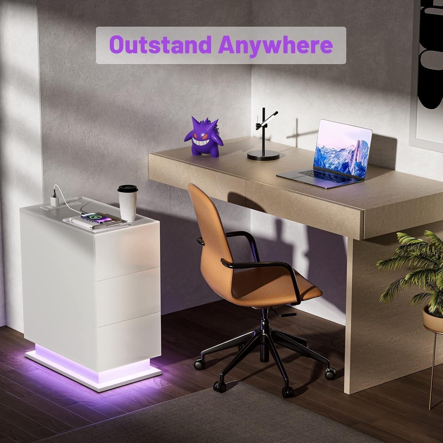Modern LED Bedside Table with USB Charging, 3 Drawers, High Gloss Finish