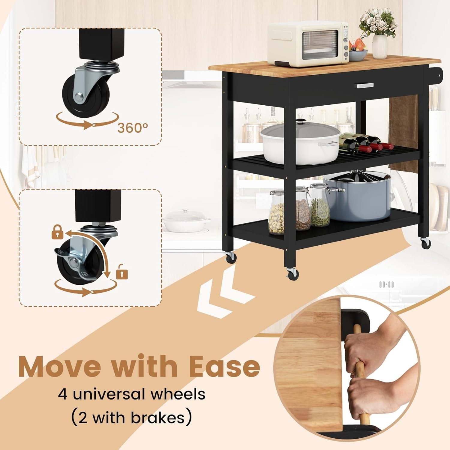 Black 106cm Kitchen Island Cart Rubber Wood