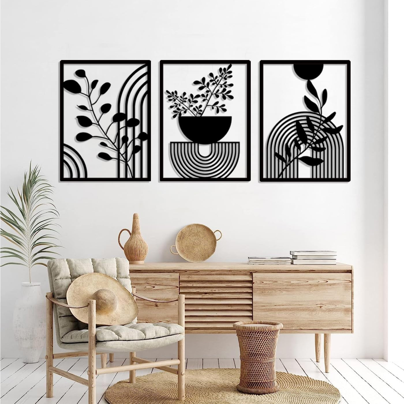 3 Panel Black Metal Wall Art Abstract Boho 22x16.5in