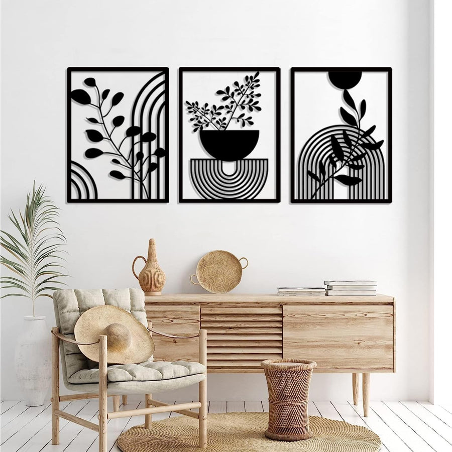 3 Panel Black Metal Wall Art Abstract Boho 22x16.5in