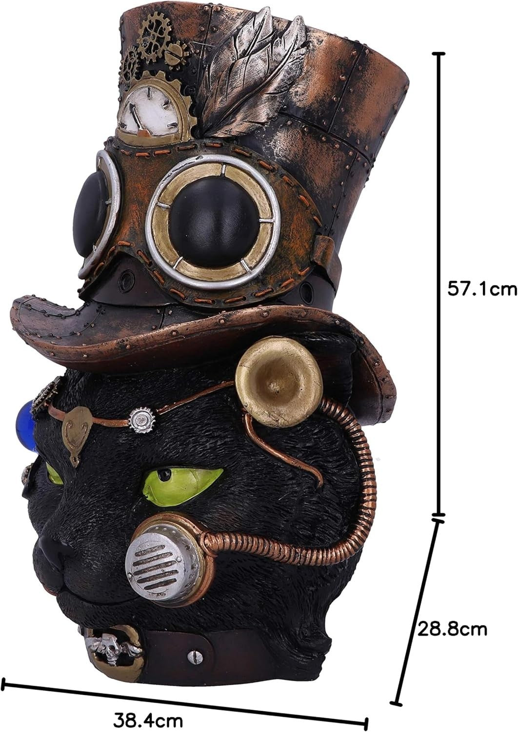 Steampunk Black Cat Head Figurine 28.8cm Gothic Resin Clockwork Decor Statue