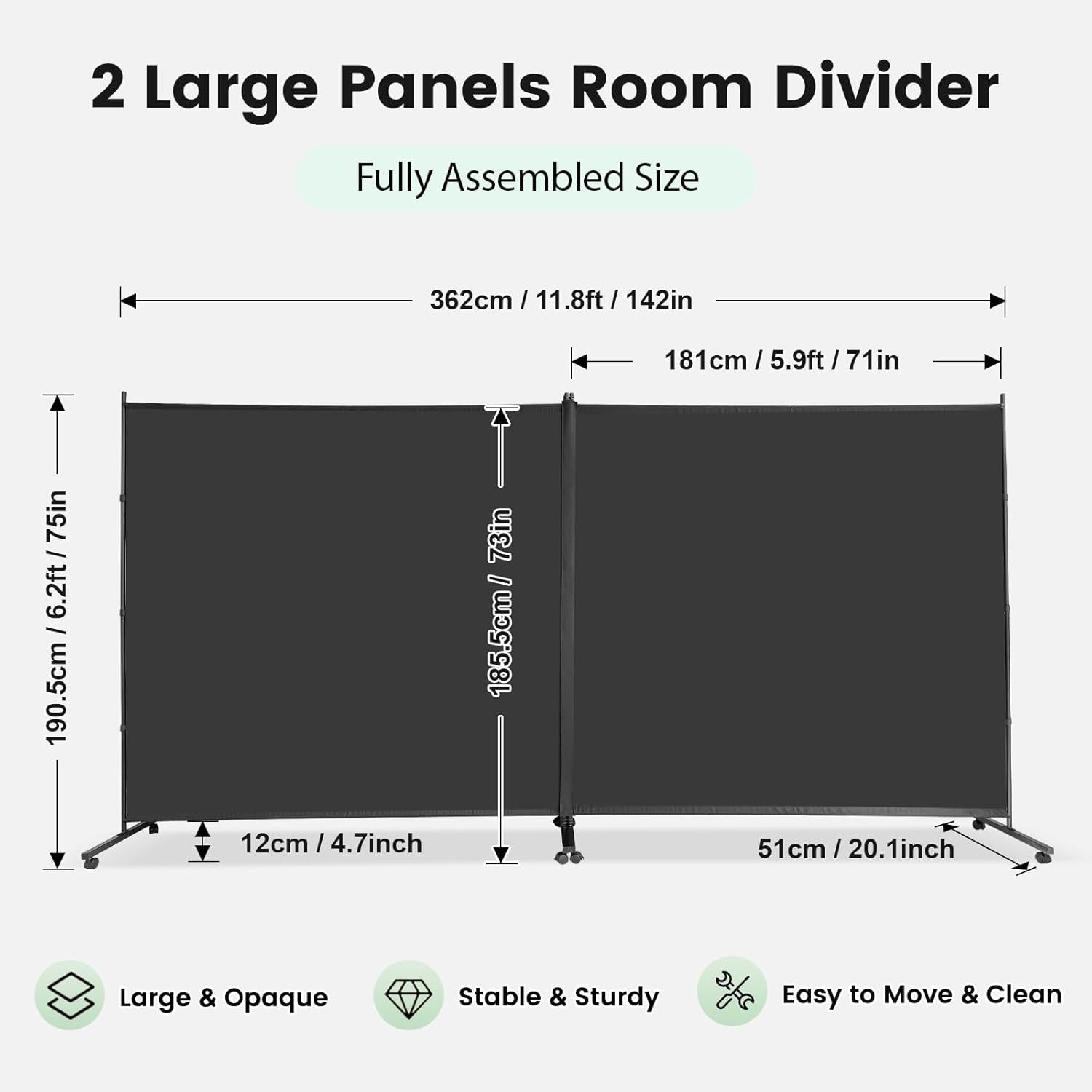 2 Panel Room Divider with Wheels Large Freestanding Privacy Screen 360x190cm