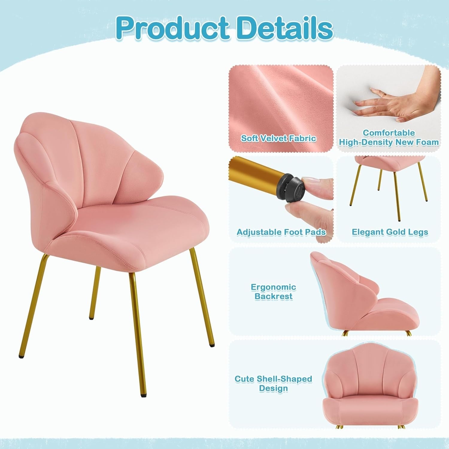 Velvet Accent Chair Shell Back Vanity Tub Seat Gold Legs Pink Office