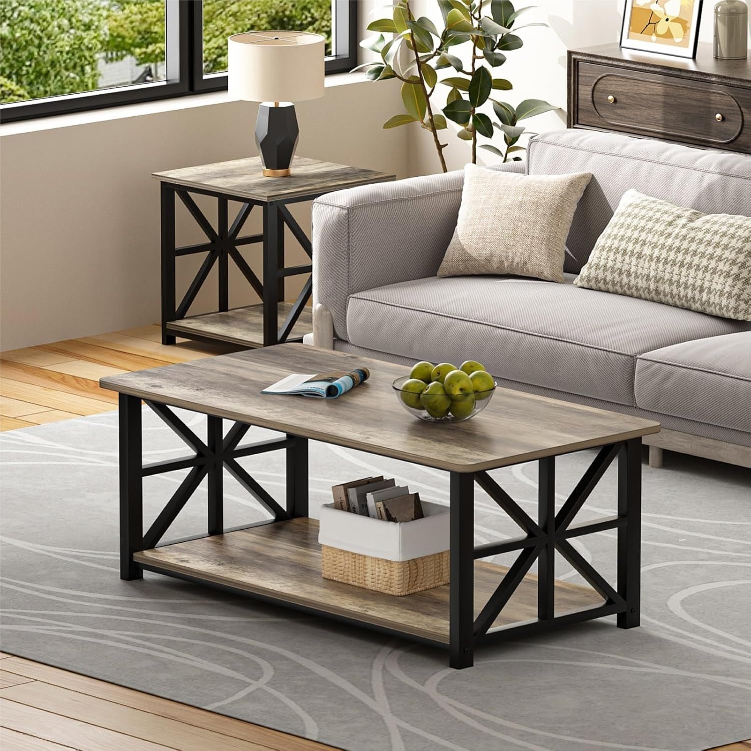 2-Tier Grey Coffee Table with X-Frame, Rounded Corners, 100cm Storage