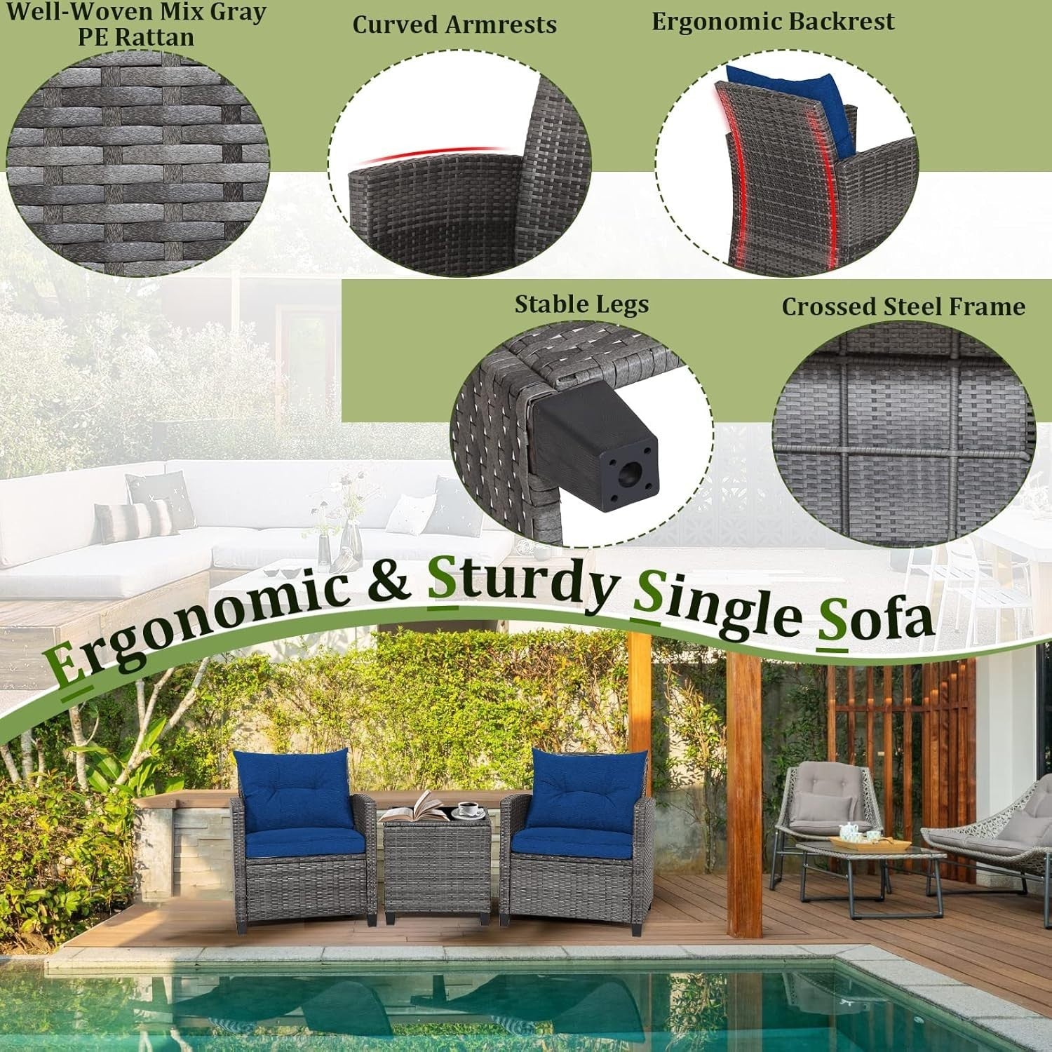 3PC Rattan Garden Bistro Set Chairs Table Cushions Patio Balcony Navy Set