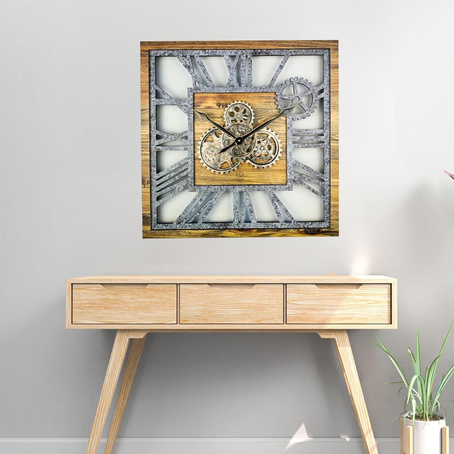 Oversized 24" Gear Wall Clock Square Wood & Stone Rustic Industrial Decor