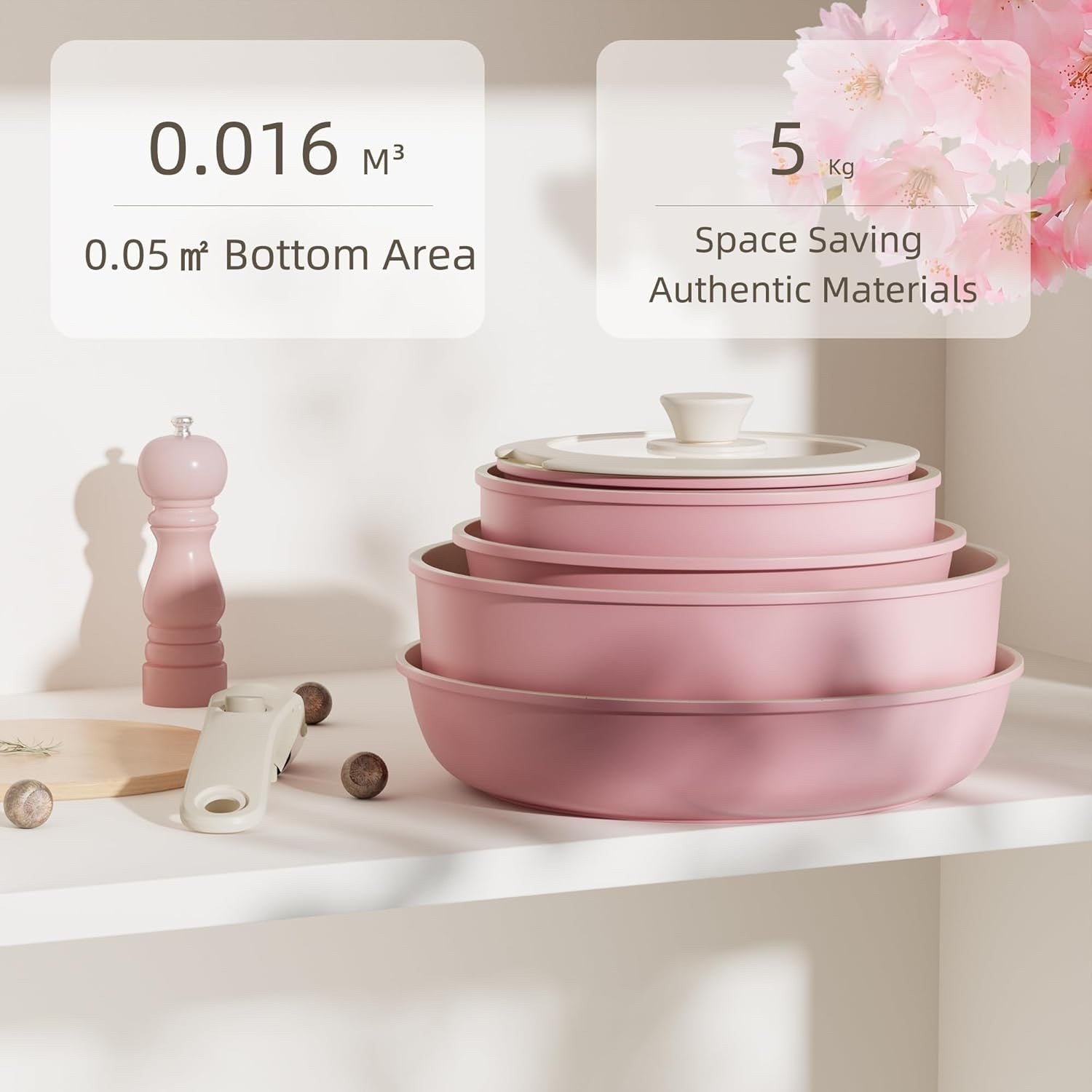 5Pcs Pink Pots Pans Set with Glass Lids & Detachable Handle Induction Safe