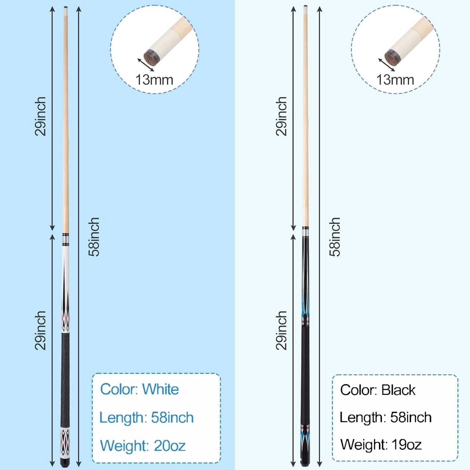 58" Pool Cue Set 19oz 20oz Maple Billiard Sticks 13mm Linen Wrap