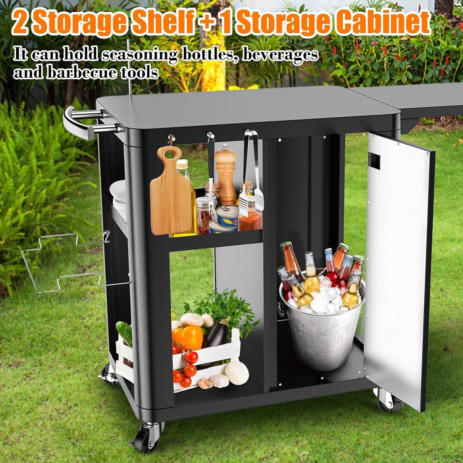Outdoor BBQ Grill Cart Table with Foldable Side Table Storage Hooks Wheels Black
