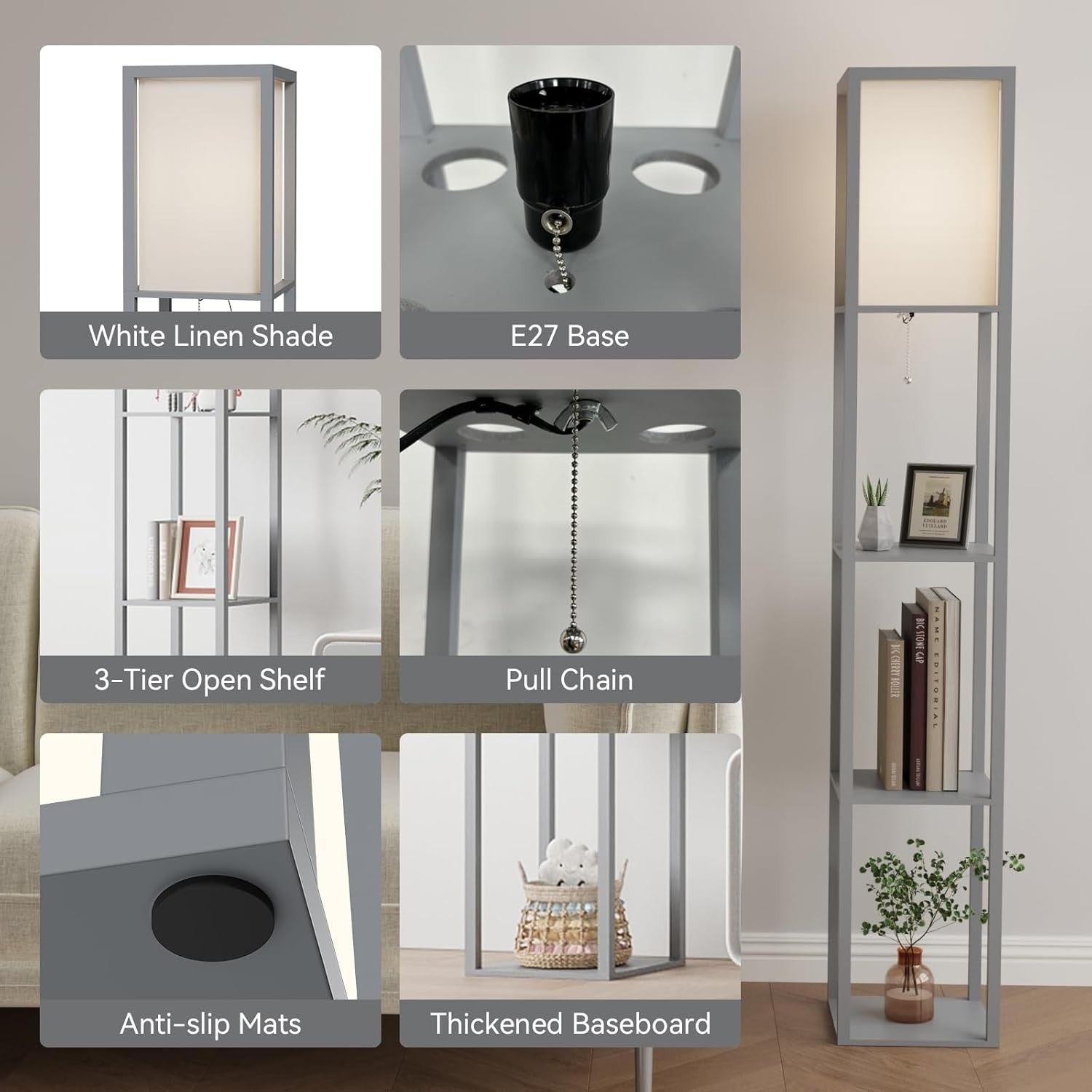 Floor Lamp with Shelves Wooden Storage Standing Light Modern Bedroom Living