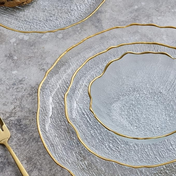 12 Piece Glass Dinnerware Set for 4 Gold Rim Plates Bowls Luxury Tableware