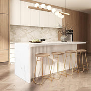 183cm White Kitchen Island with Marble Effect Top, 3 Drawers & 8 Storage Shelves
