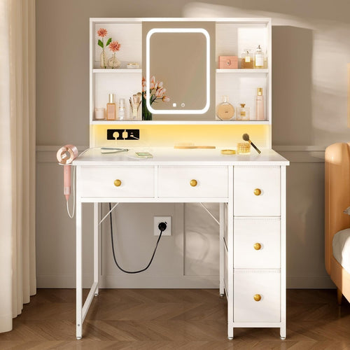 White LED Dressing Table Vanity Desk 5 Drawers RGB Power Outlet Makeup Storage