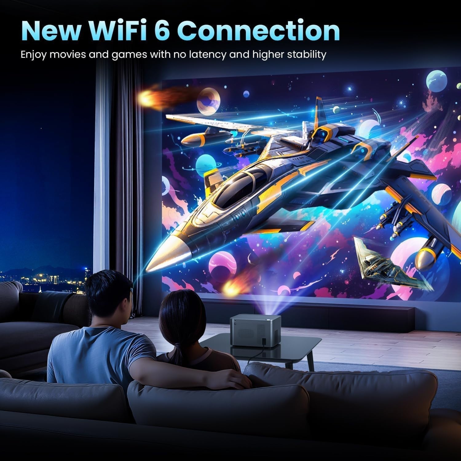 1080P Smart Projector 4K WiFi 6 Bluetooth 180° Auto Keystone Apps