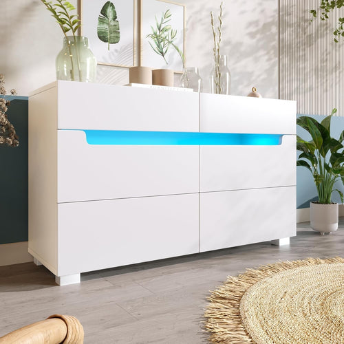 Modern White Sideboard Cabinet 6 Drawers RGB LED Storage Dresser Floor Mount