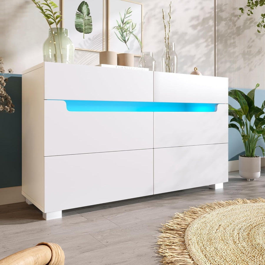 Modern White Sideboard Cabinet 6 Drawers RGB LED Storage Dresser Floor Mount