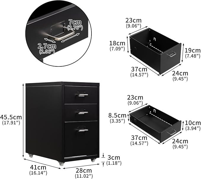 3 Drawer Mobile File Cabinet with Wheels, Under Desk Metal Storage Unit