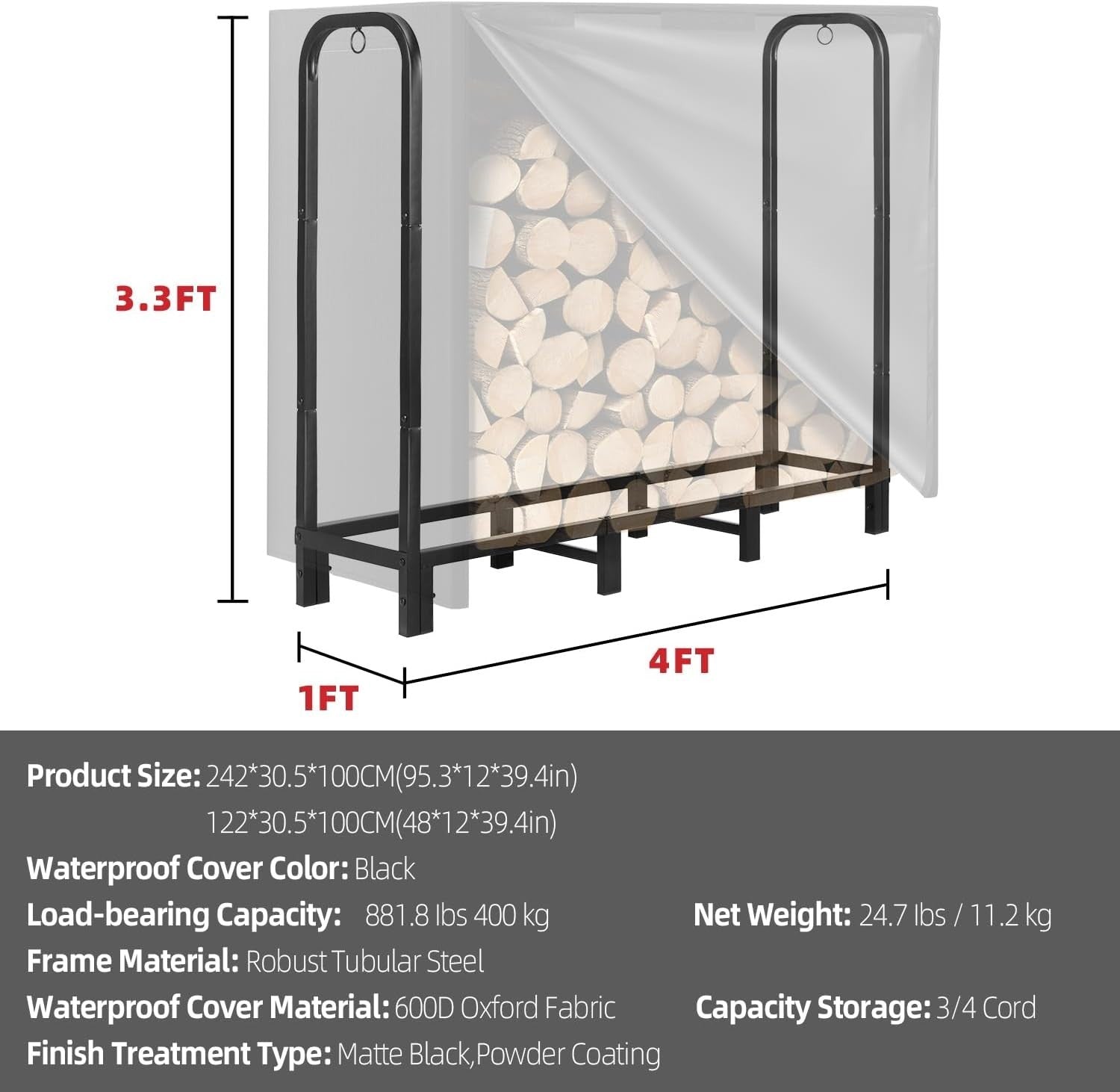 Heavy Duty Outdoor Firewood Rack with Waterproof Cover, Large 122x30.5x100cm
