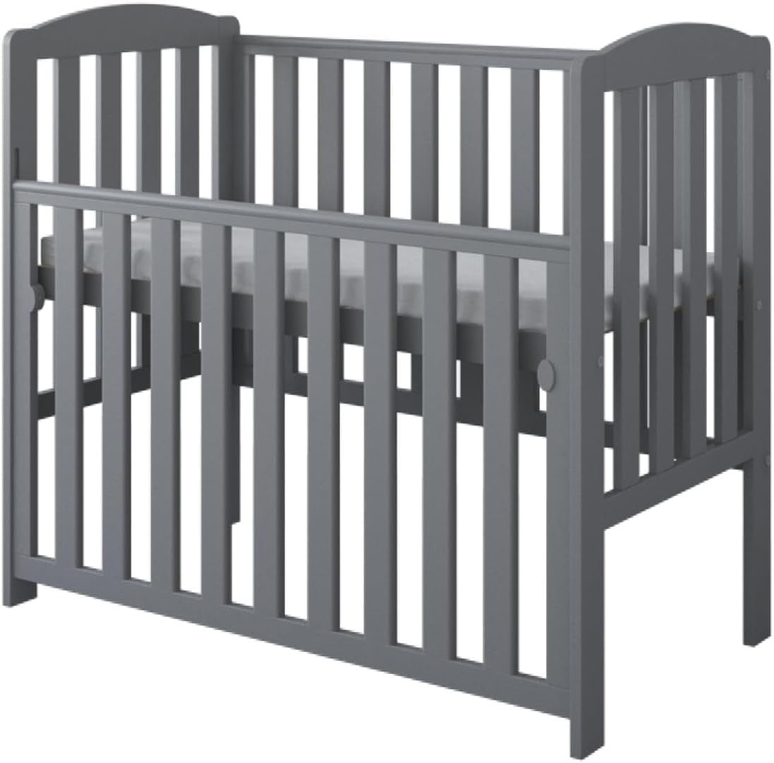 Space Saver Baby Cot with Drop Side Adjustable Height Grey Mini Crib Grey