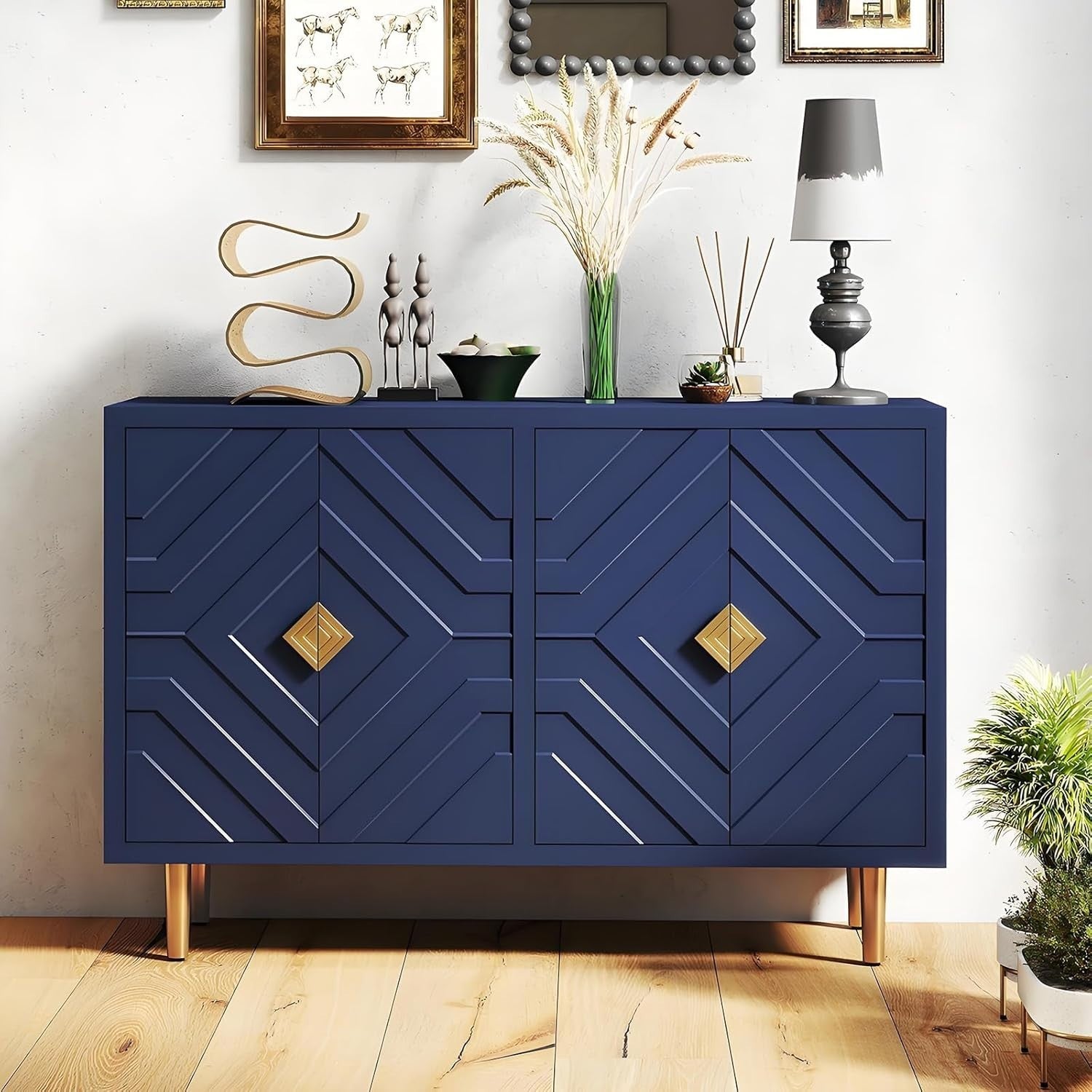 Blue Modern Sideboard Cabinet 4 Door Waterproof Storage Buffet Table