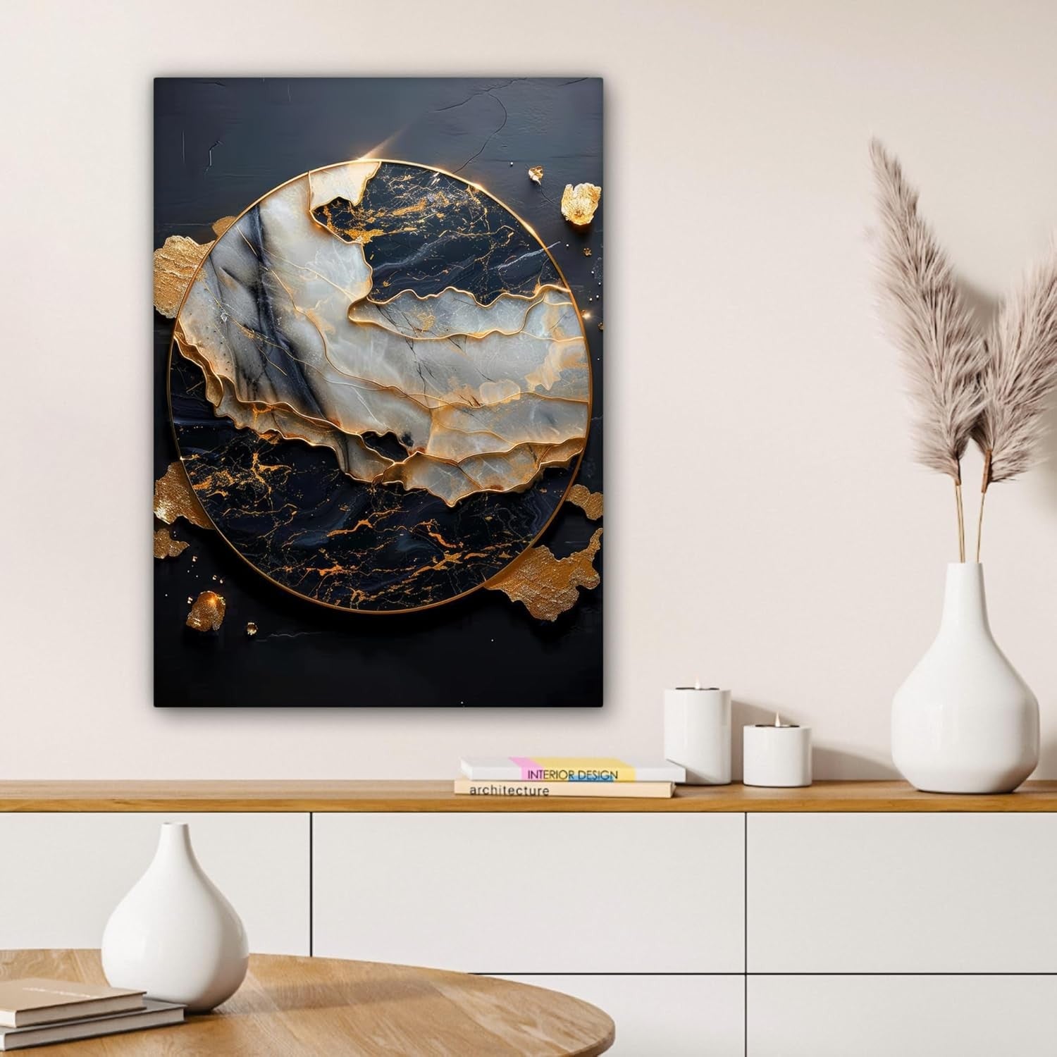 Gold Black Abstract Canvas Wall Art 60x80cm Framed Modern