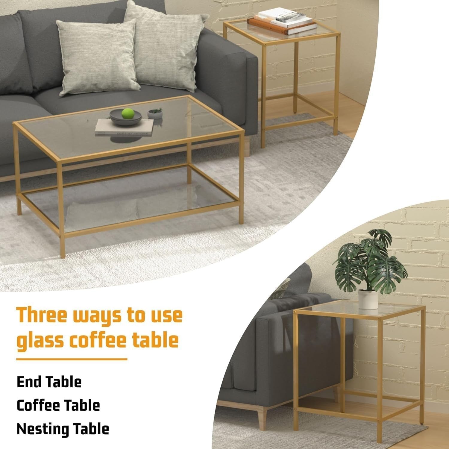 Glass Nesting Coffee Table Set 2 Side End Tables Modern Metal Frame Space Saving