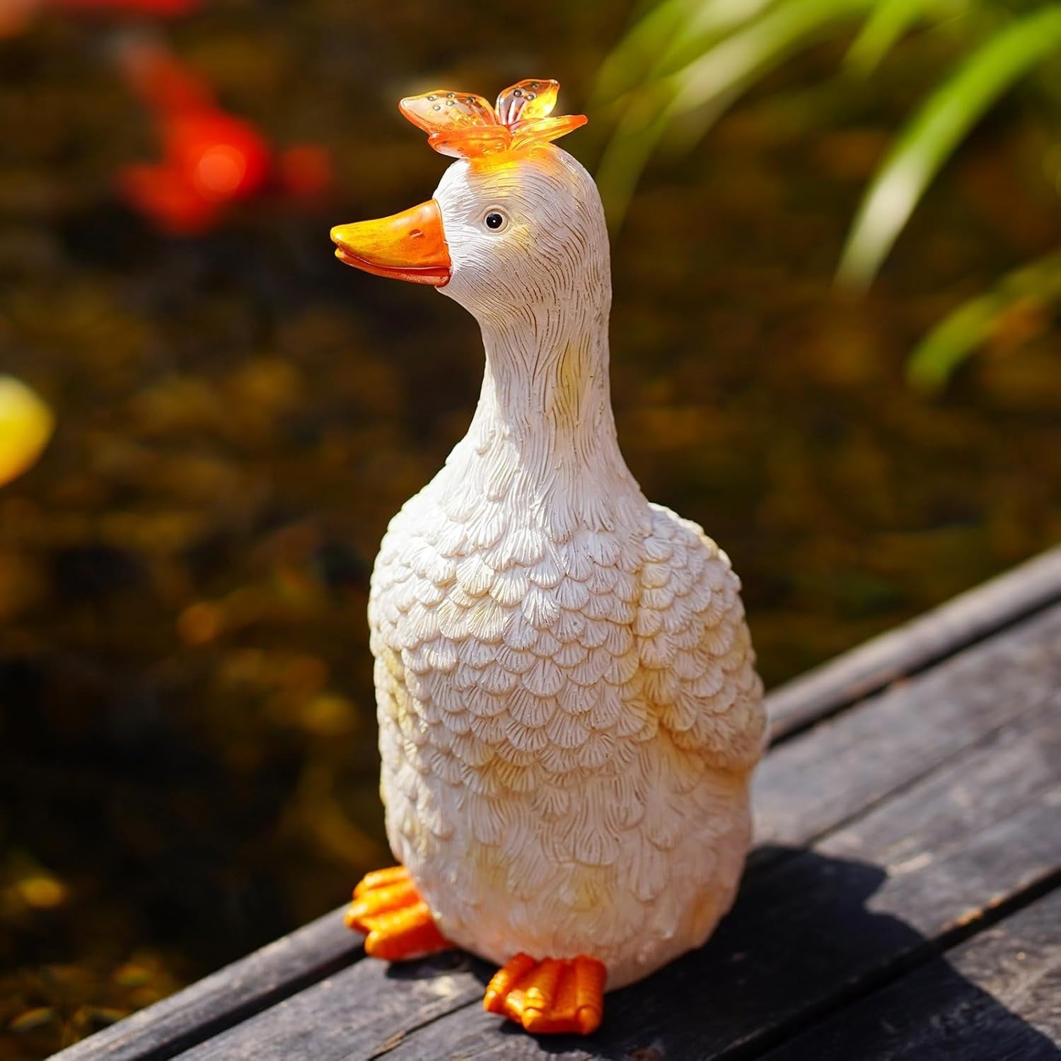 Solar Goose Garden Ornament White Resin Statue with Butterfly Light Outdoor