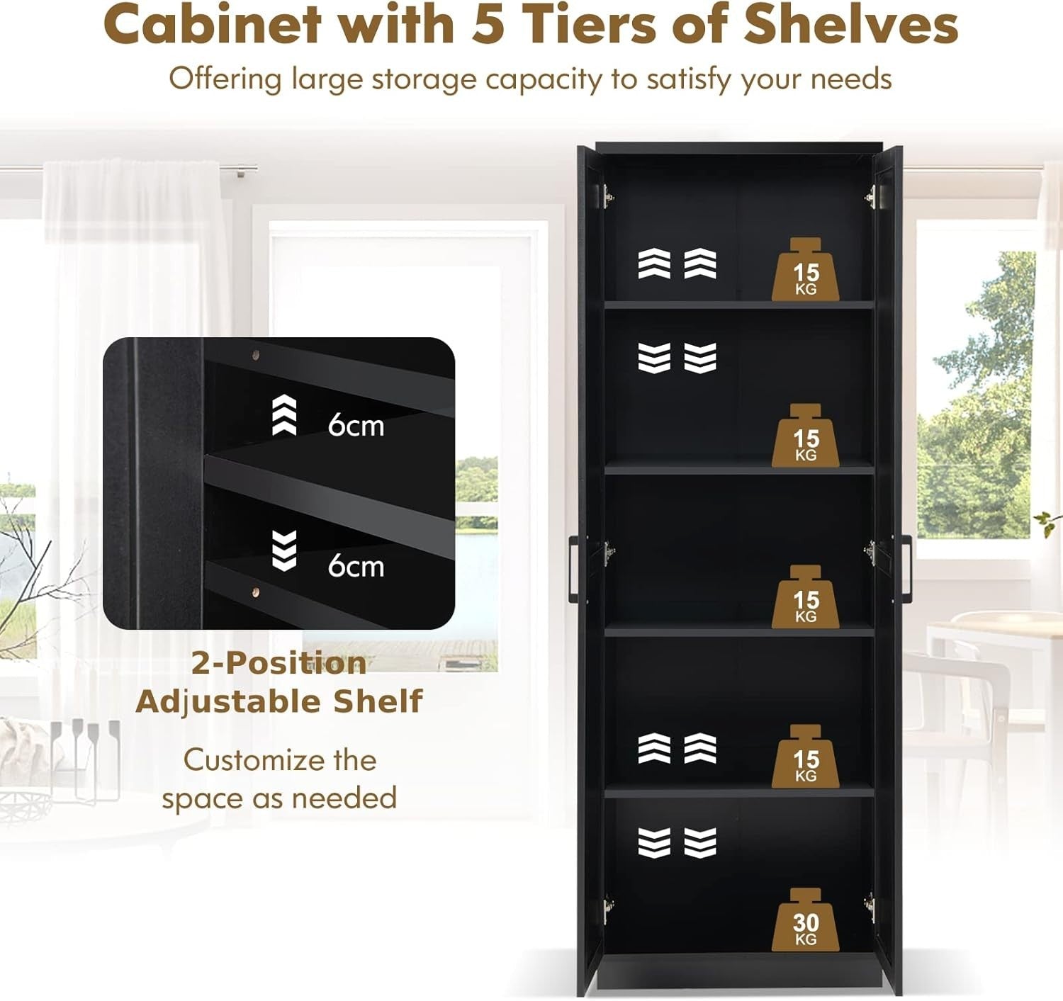 Tall Storage Cabinet w/ Adjustable Shelves, 2 Doors, Freestanding Cupboard