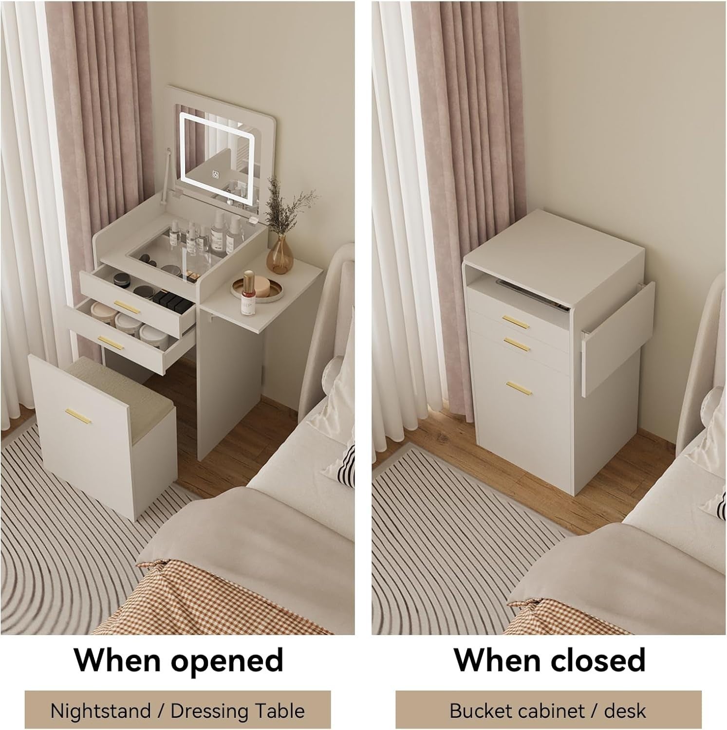 White Foldable Vanity Desk w/ Lighted Mirror & Stool Small Space 2 Drawers