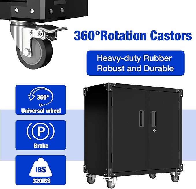 Metal Storage Cabinet with Wheels & Pegboard, Lockable Tool Cupboard with Adjust
