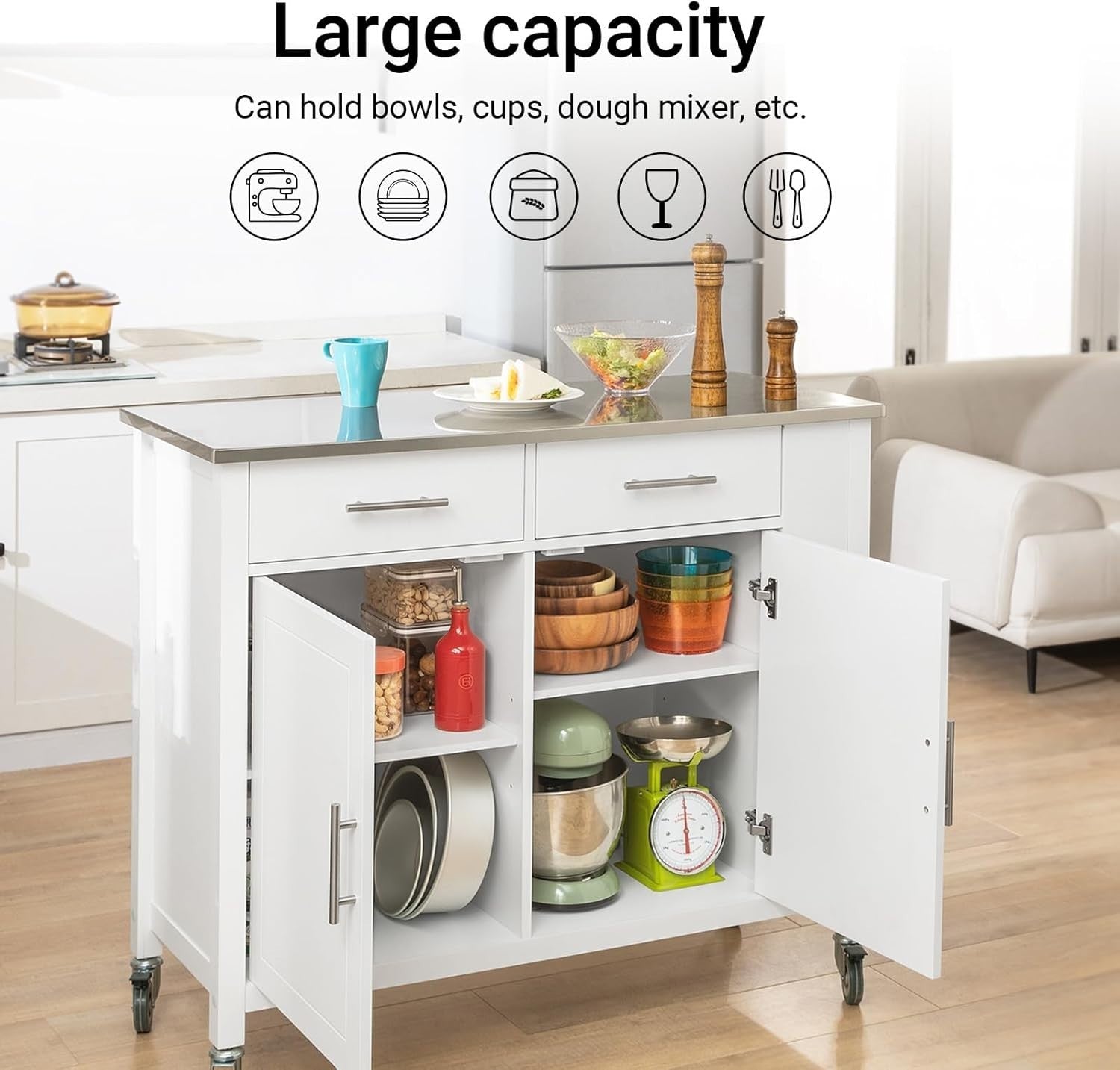 White Kitchen Island Trolley Cart with Drawers & Steel Top 107x46x94cm