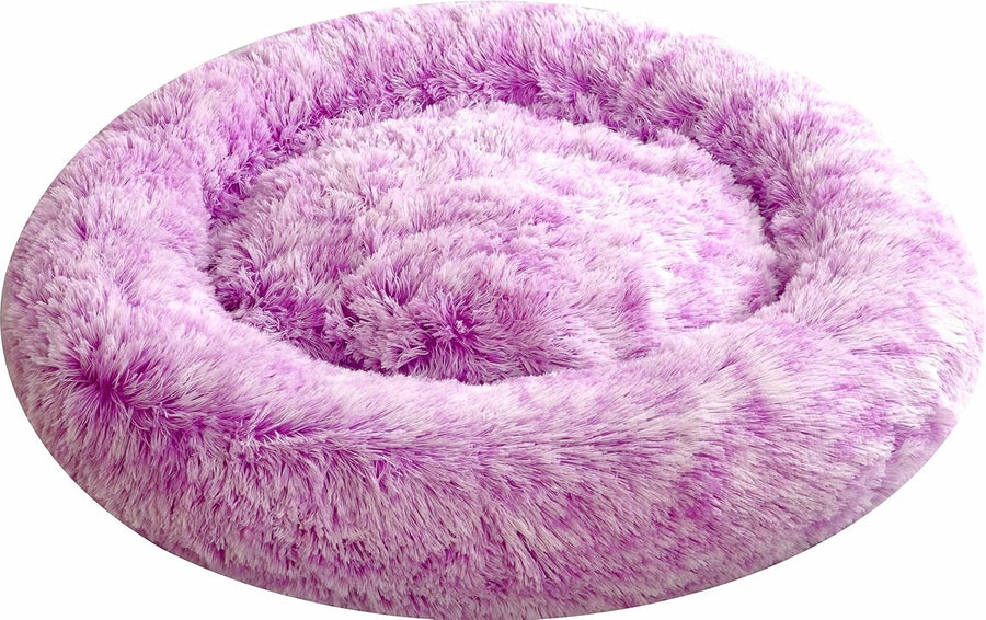 XXL Calming Donut Dog Bed 100cm Anti Anxiety Faux Fur Purple
