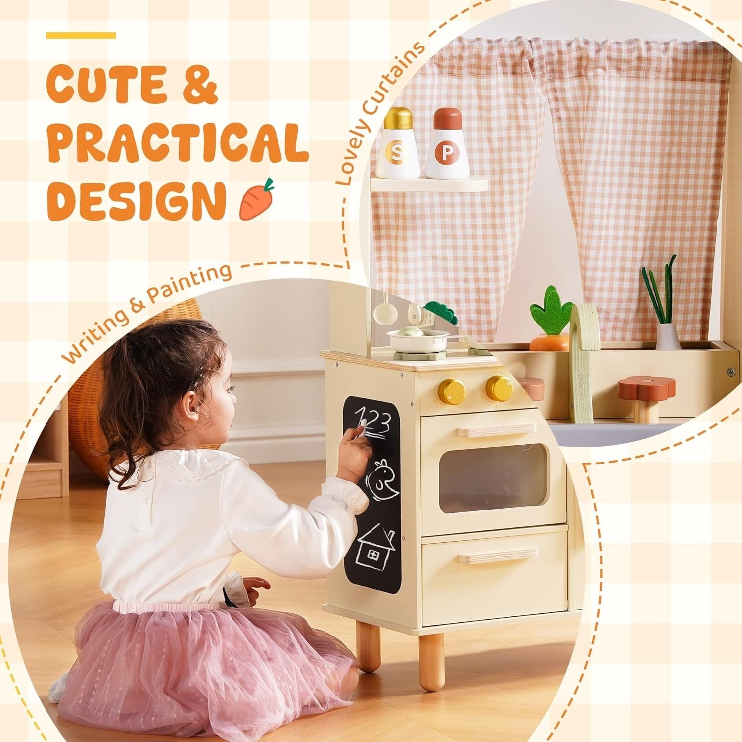 Wooden Kids Play Kitchen w/ Ice Maker Microwave Cream Toy