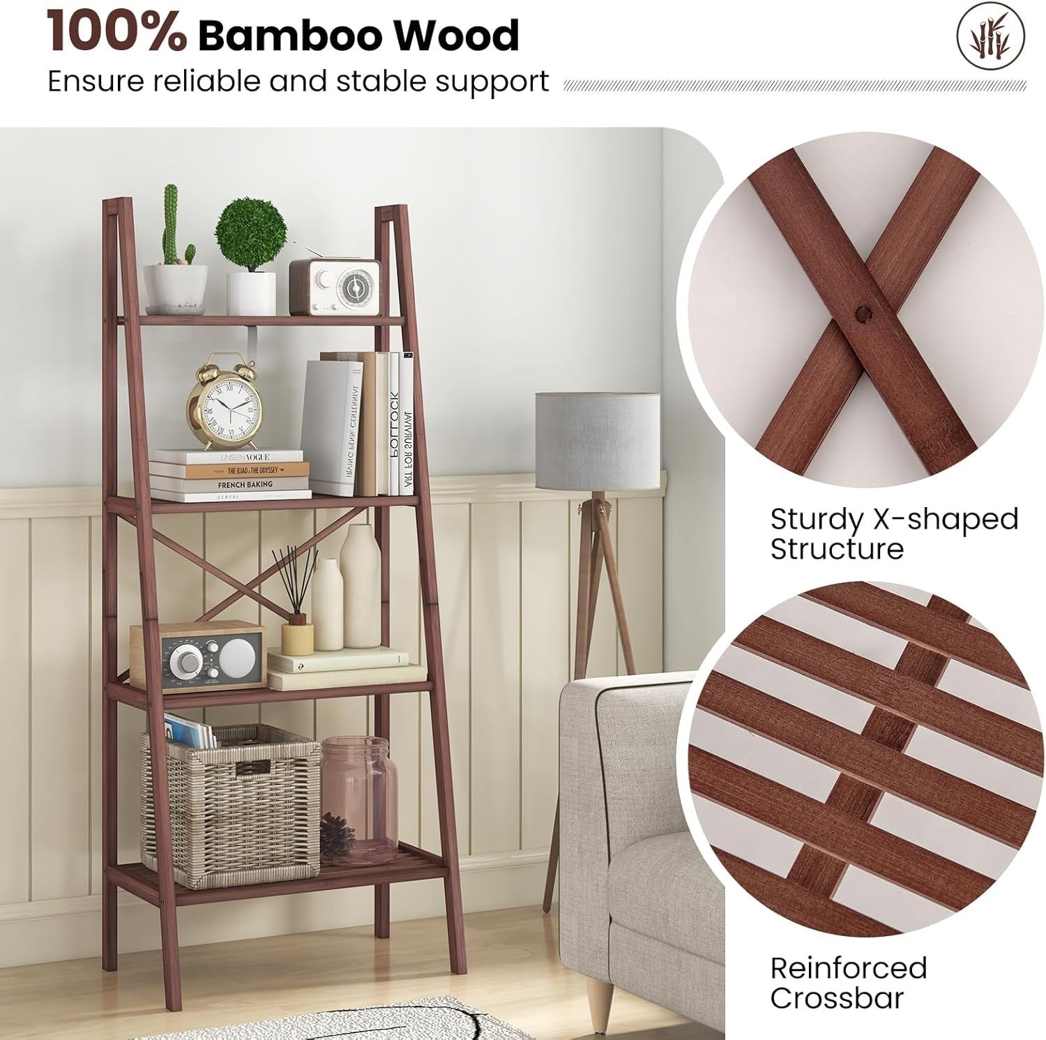 4 Tier Bamboo Ladder Bookshelf Freestanding Display Storage Shelf Walnut