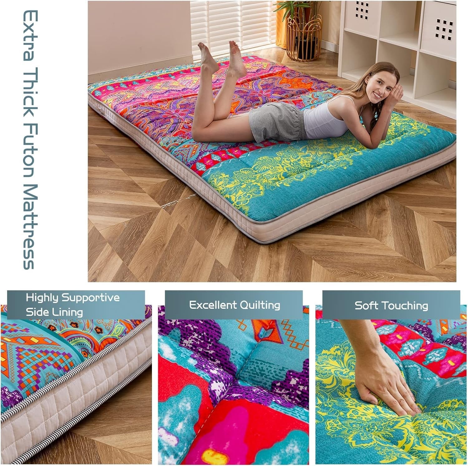 King Size Bohemian Futon Mattress Roll Up Thick Plush Japanese Floor Bed Pad