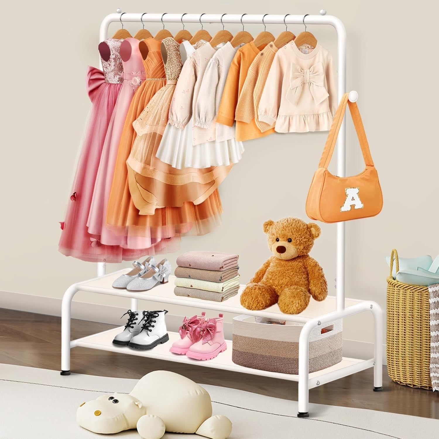 Kids Clothes Rail White Mini Dress Up Rack with 2 Shelves