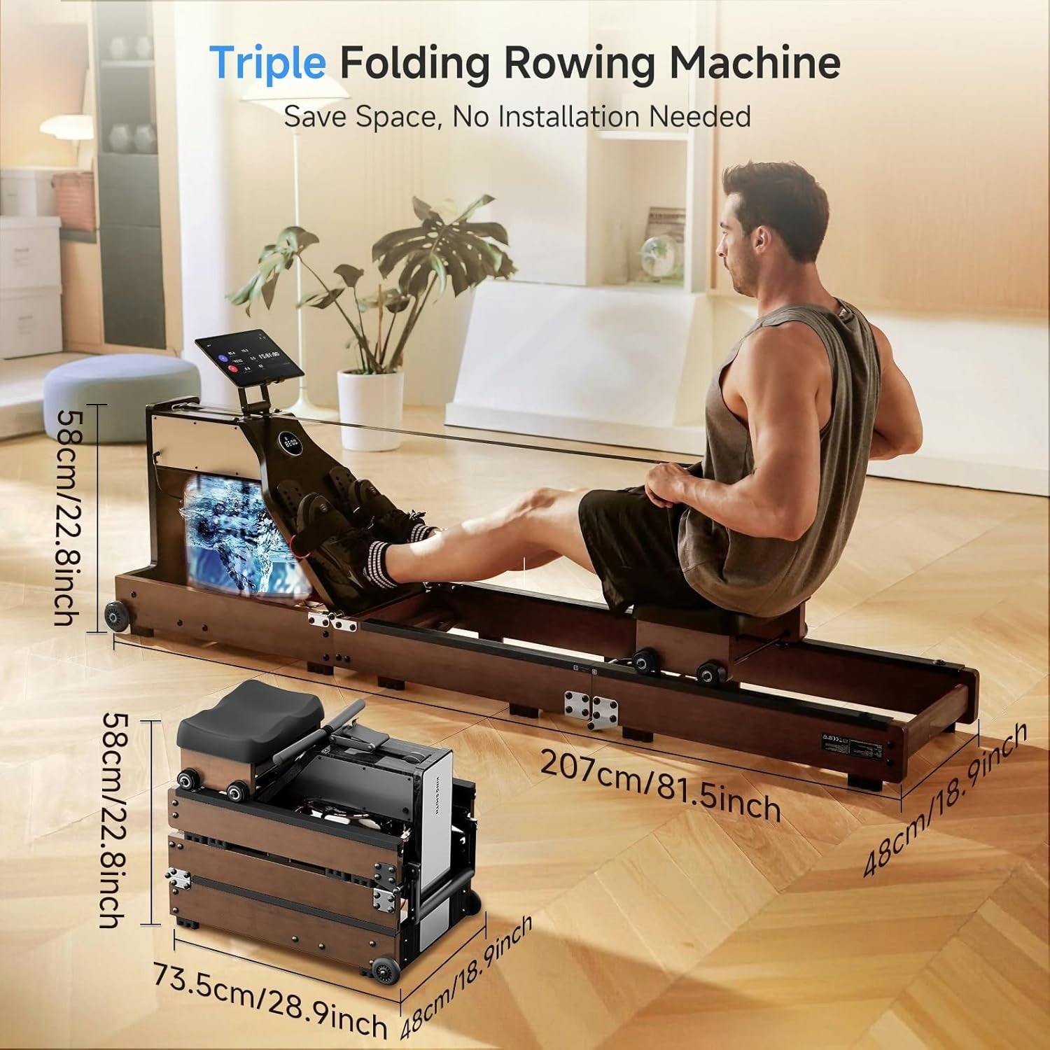 Triple-Fold Water & Magnetic Rowing Machine 32-Level Resistance App Rower 150KG