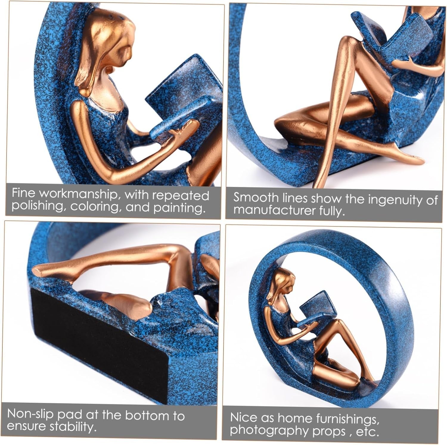 Modern Reading Girl Statue • Blue Resin Ring Sculpture • Elegant