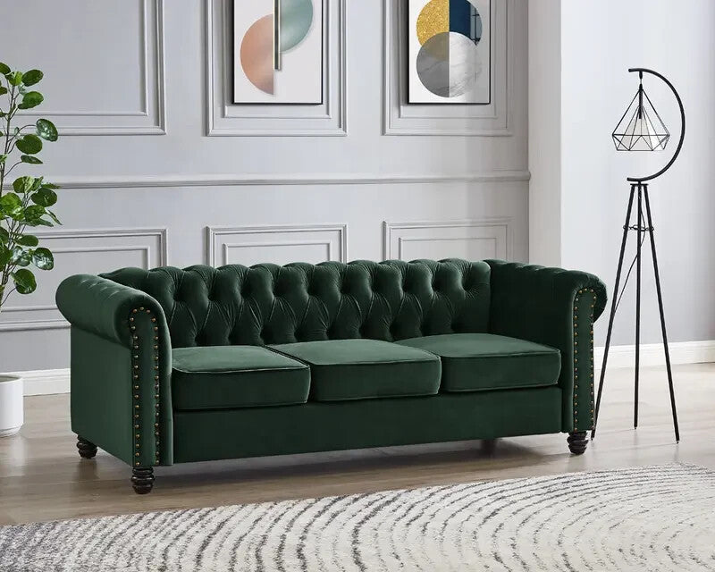 Green Velvet Chesterfield Sofa 3 Seater Scroll Arms Tufted Fabric Couch