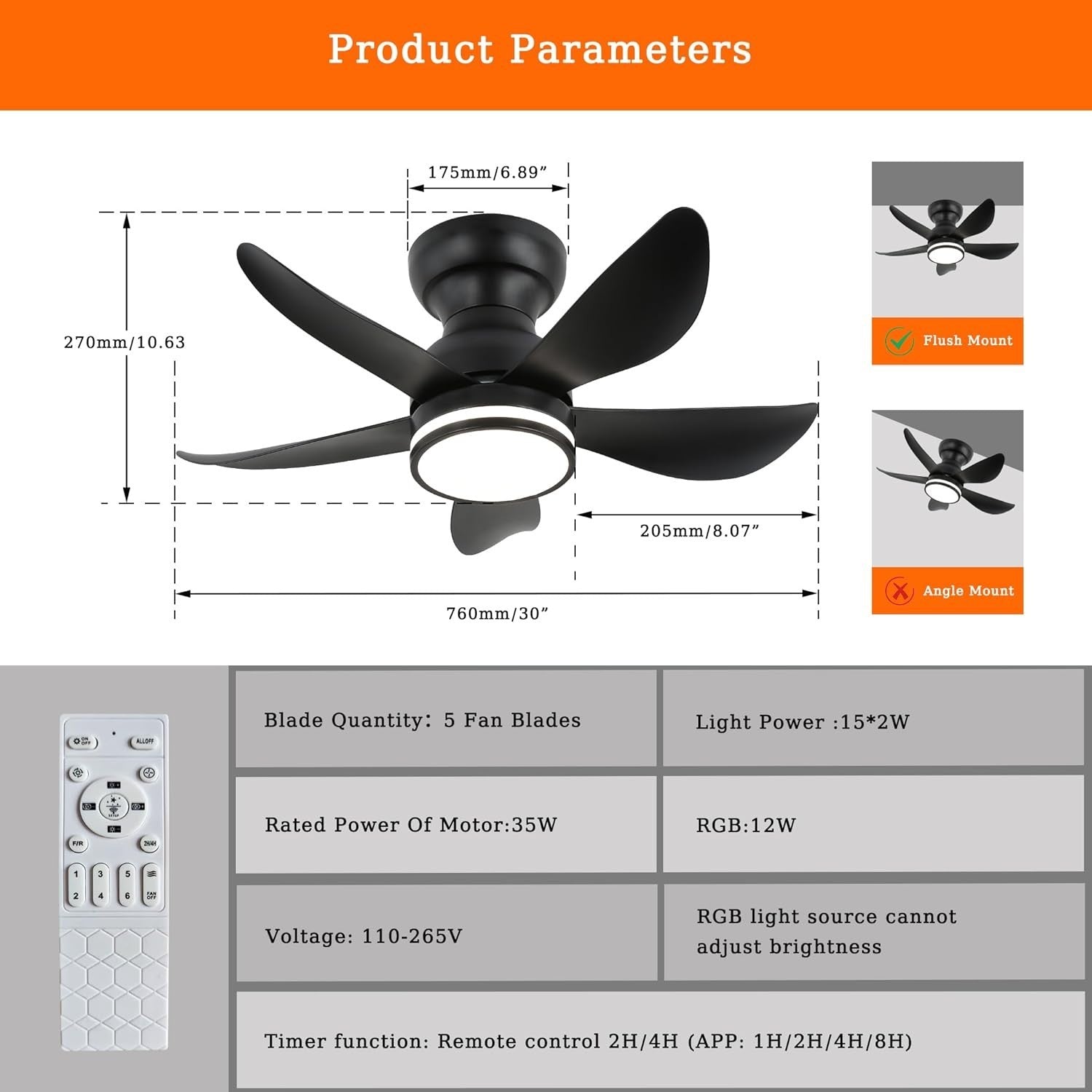30" Ceiling Fan with Light, Remote, 6 Speeds, Dimmable, RGB, Black
