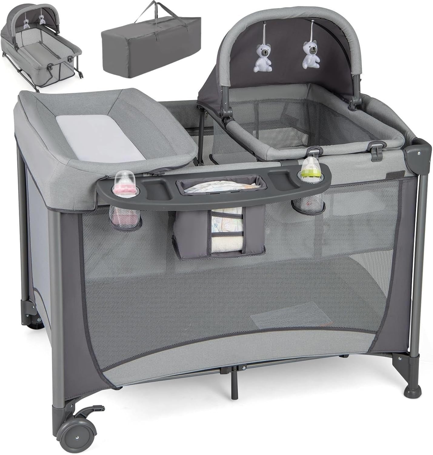 5in1 Baby Travel Cot Foldable Crib with Mattress, Changer & Storage Grey