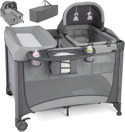 5in1 Baby Travel Cot Foldable Crib with Mattress, Changer & Storage Grey