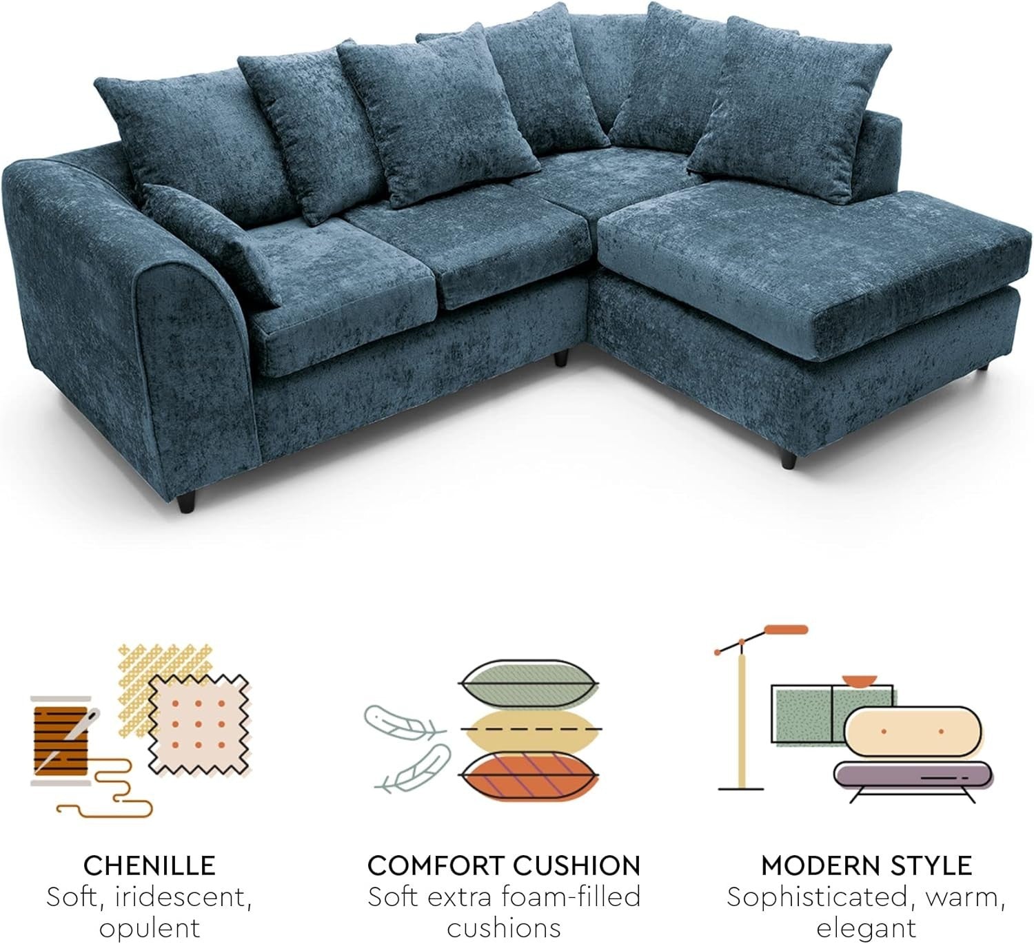 Dark Blue Chenille Corner Sofa Right – Modern L Shape Couch for Living Room