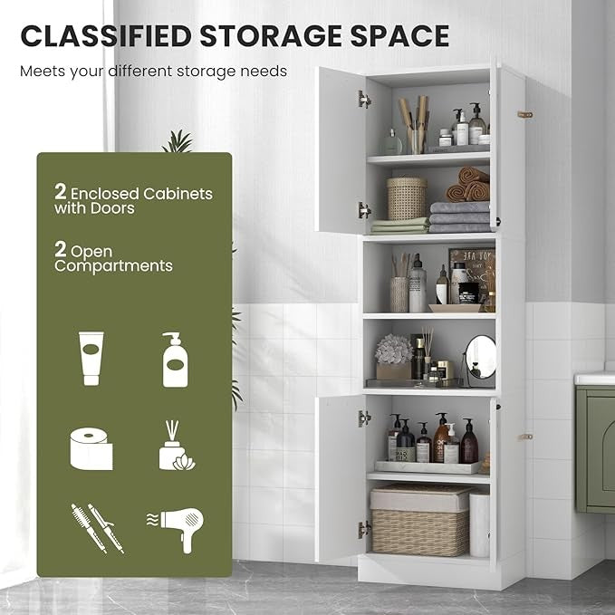 Tall White Kitchen Storage Cabinet 4 Door Freestanding Cupboard with Open Shelve